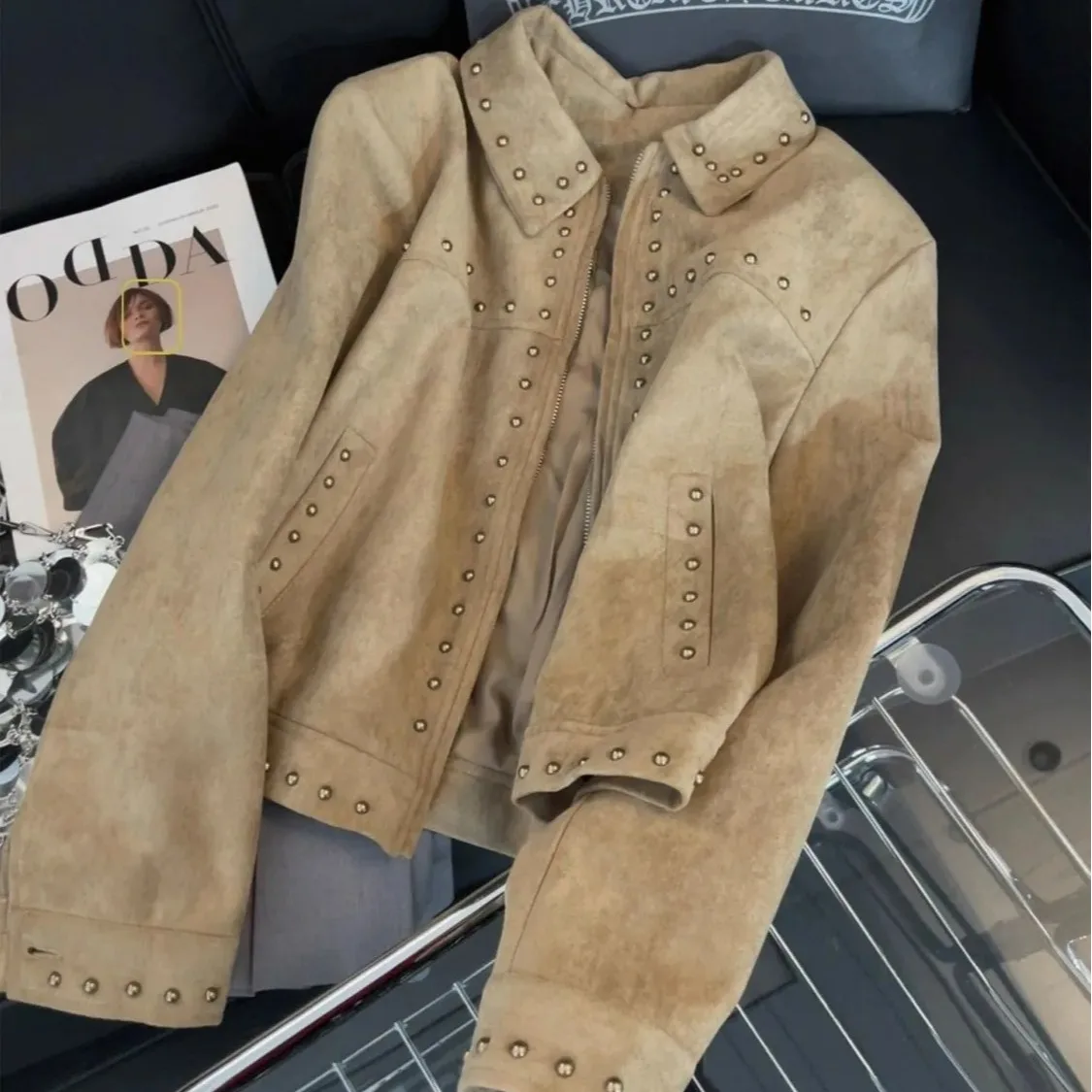 Kaki kunstsuède ort Jaet damesklinknagel motorfiets Vintage Sle herfst afslankende veelzijdige top dames Faion