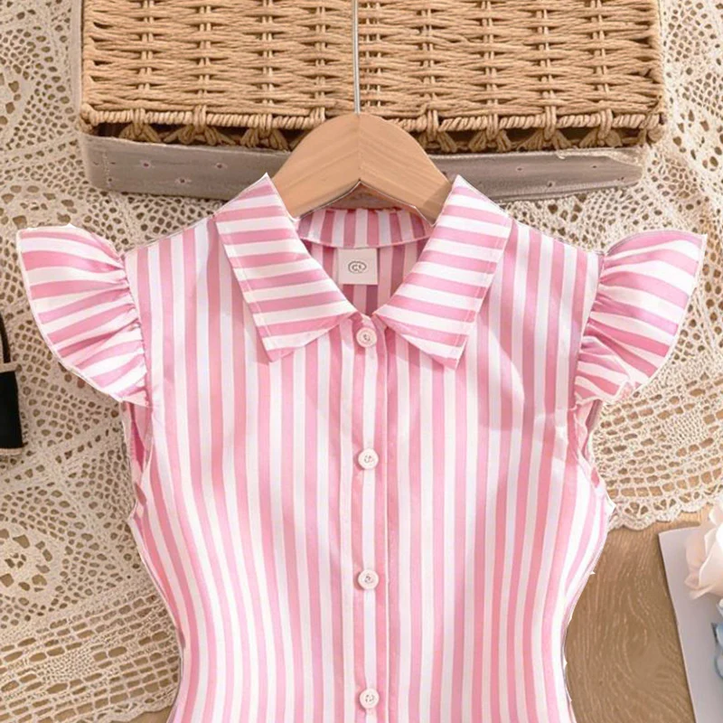Blau-weiß gestreiftes Kleid für Mädchen von 8–12 Jahren, Hemdkragen mit Rüschenärmeln und gestreiftes Button-Down-Kleid mit seitlichen Bändern, lässige Kinderkleidung – Detail 19