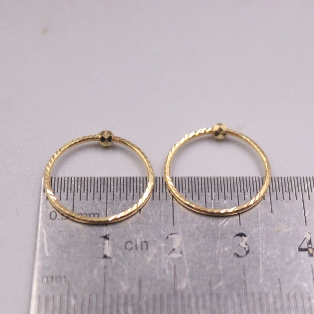 Real Pure 18K Yellow Gold Hoop Women Lucky Carved Twill Bead Earrings 0.61g