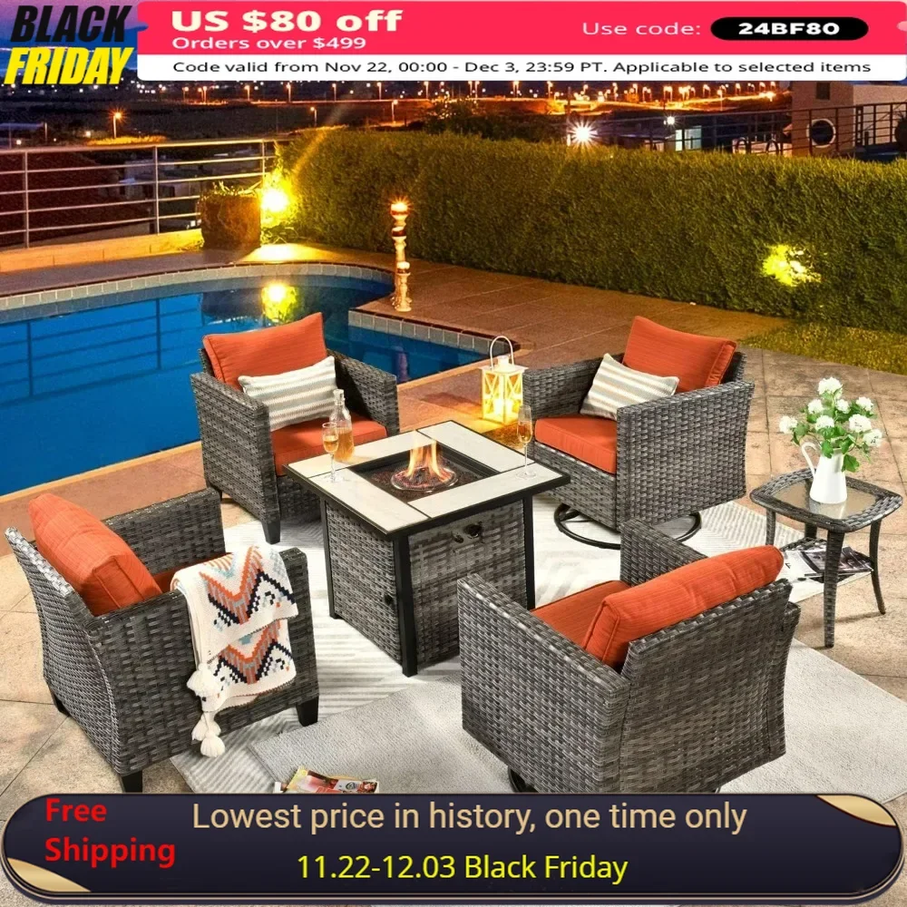 Patio Outdoor Conversation Set with Fire Pit Table, Single Sofa Set with PE Wicker Swivel Rocking Chairs and Coffee Side Table