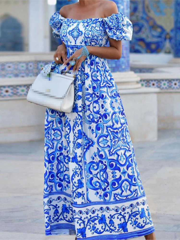 

Летнее Длинное Платье с принтом в стиле бохо для женщин, модные макси платья с пышными рукавами, вырезом лодочкой и открытыми плечами, повседневное праздничное пляжное платье 2024