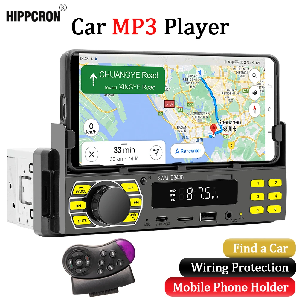 1 Din Car Radio Stereo Receiver MP3 Multimedia Player FM Blutetooth Tape Recorder USB/SD AUX Input With Cell Phone Holder