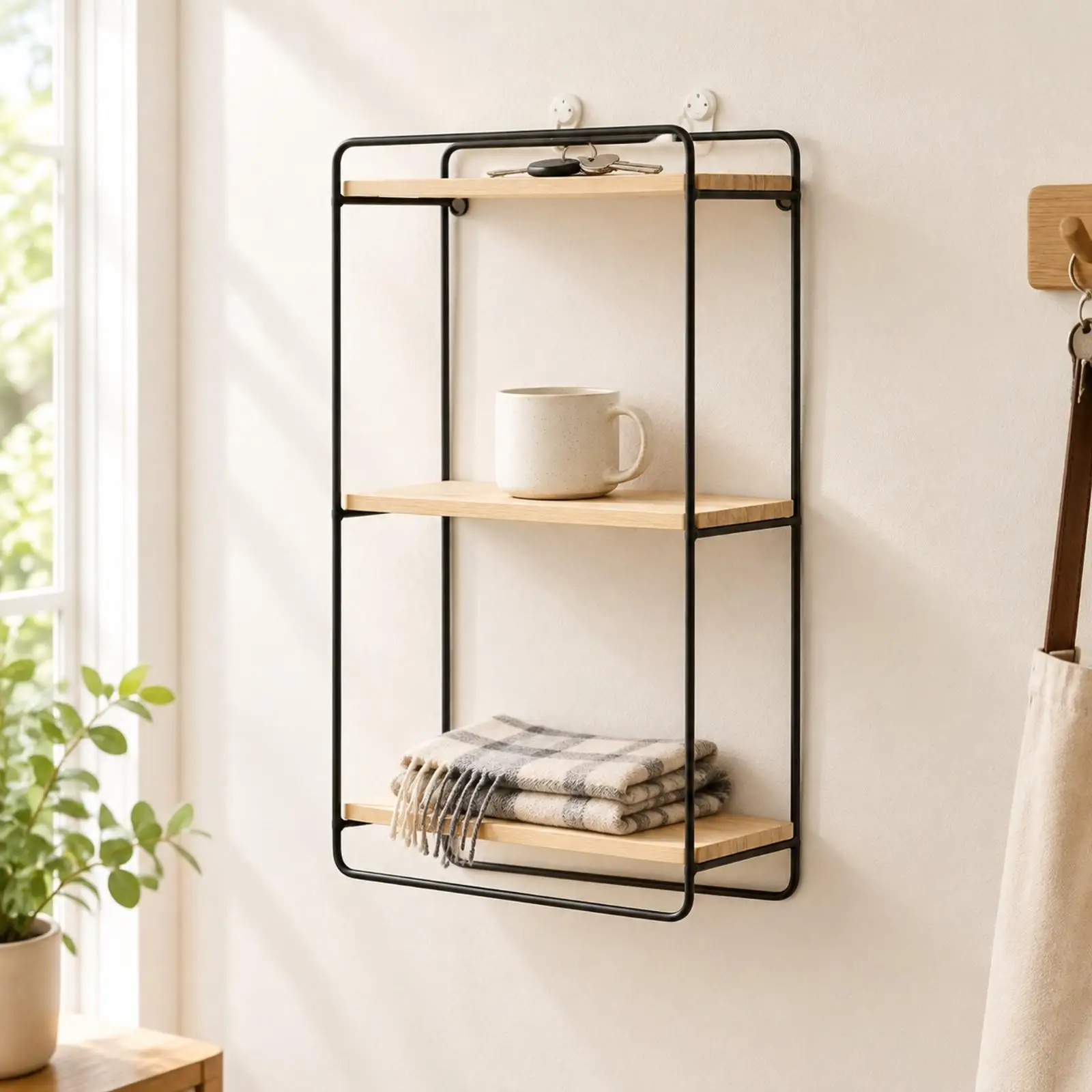 Three-Tier Wall Shelf Space-Saving Wooden Wall Mounted Storage Rack Three-Tier Shelf with Metal Frame Slim Narrow Profile