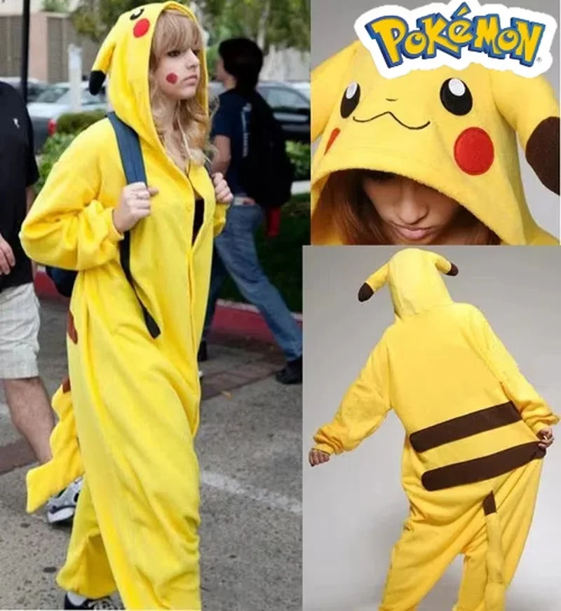 Pokemon Pikachu Warm Flannel Homewear Adult Autumn&Winter Soft Onesie Cosplay Animal Hoodie Pajamas Parent-Child Girls Sleepwear