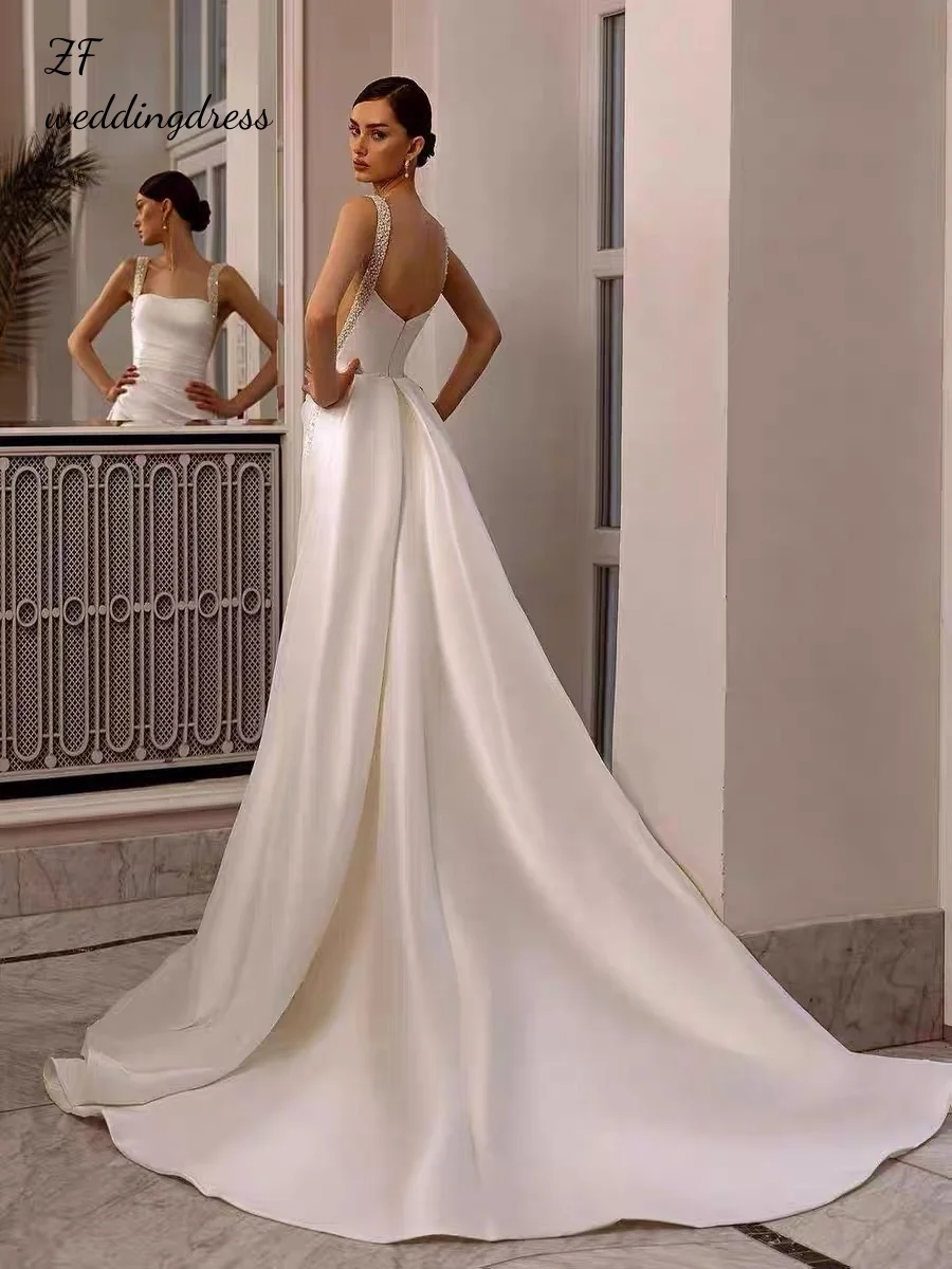 

Customized elegant satin lace shiny halter pearl evening gowns, wedding dresses, and detachable train dance gowns for brides