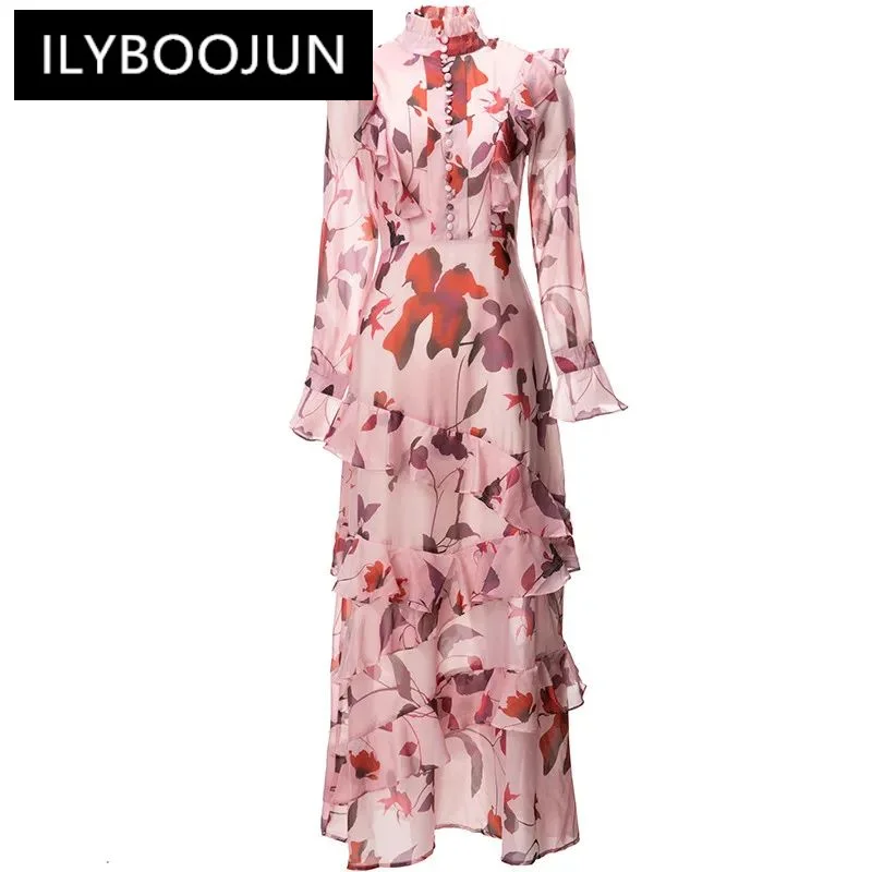 

ILYBOOJUN Fashion Spring Women's Dress Half high collar Ruffles Long sleeved Print Elegant Vacation Slim Dresses