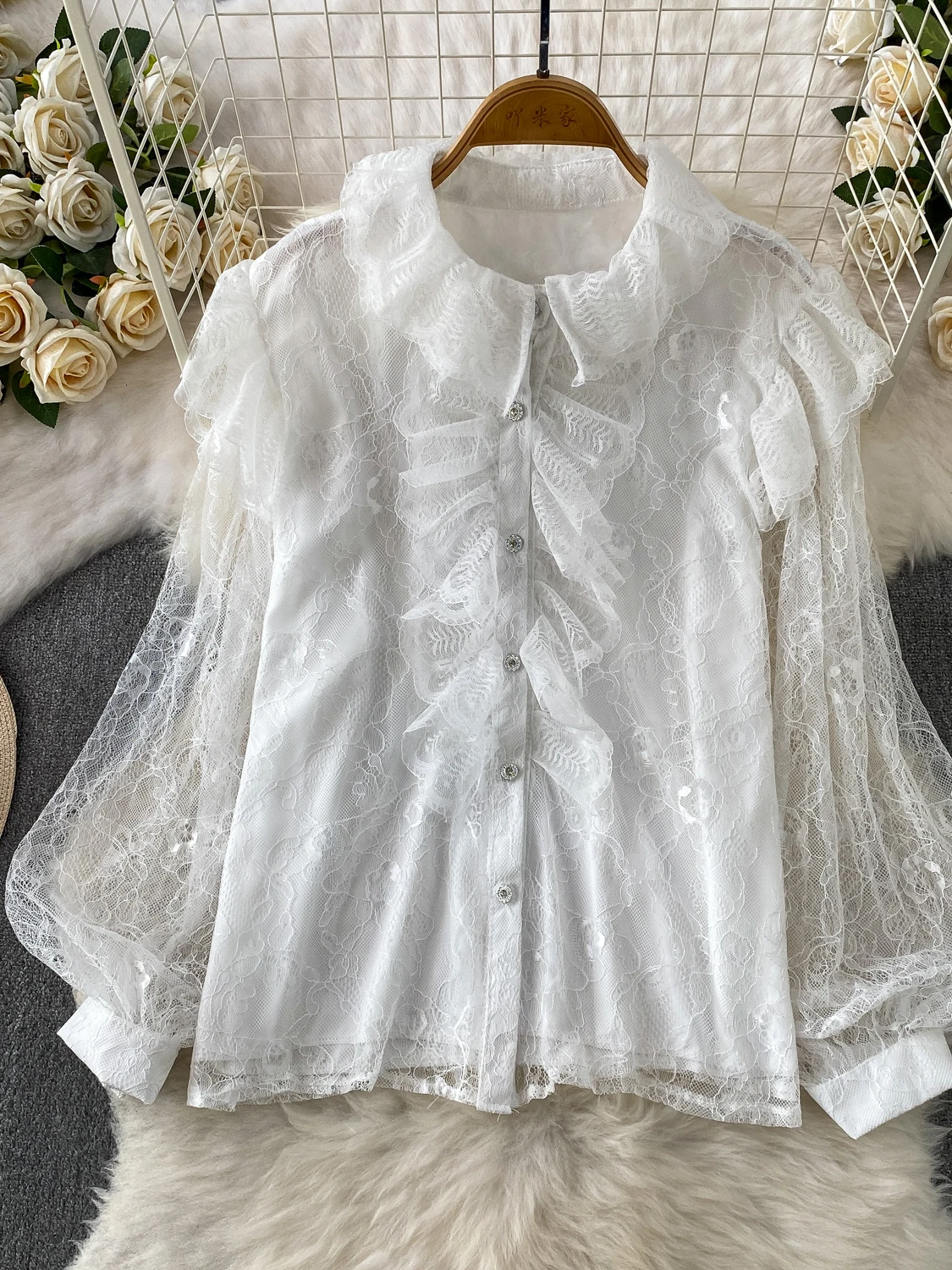 

Elegant Lace Trim round Neck Shirt Women's Summer Gentle Style Age Reduction Flash Embellished Button up Top Korean Style Loo...