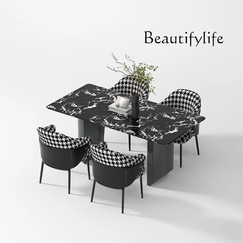 

light luxury black and white supercrystalline stone dining table household modern marble dining table rectangular dining table