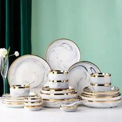 Nordic Light Luxury Ceramics, Phnom Penh Marble Pattern Dishes, Household Rice Bowls, Large Soup Bowls, Plates and Dishes