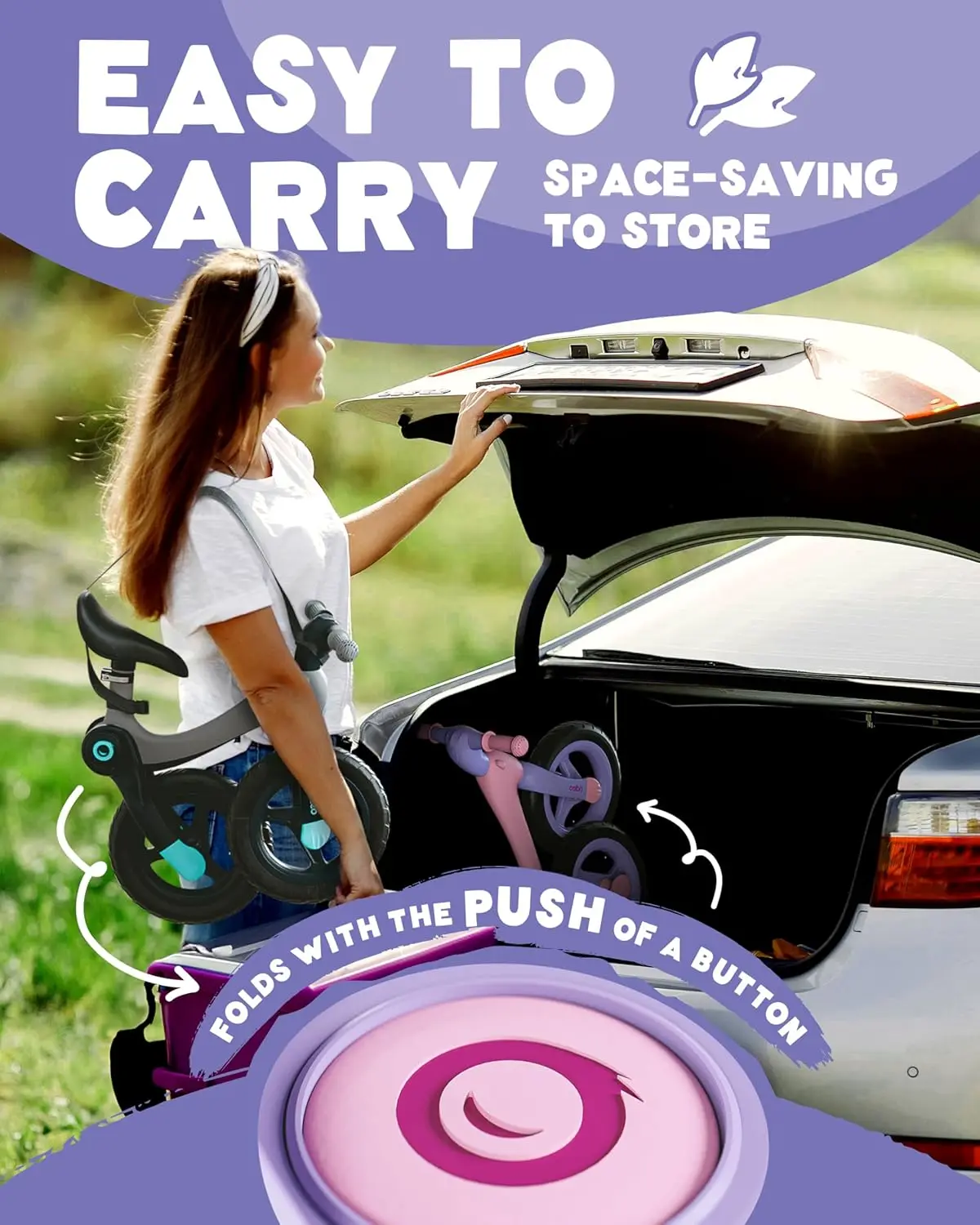 Bicicleta de equilibrio plegable para niños, bicicleta de seguridad para niños pequeños de 12 ", bicicleta de empuje con correa de transporte para niños y niñas de 3 a 5 años