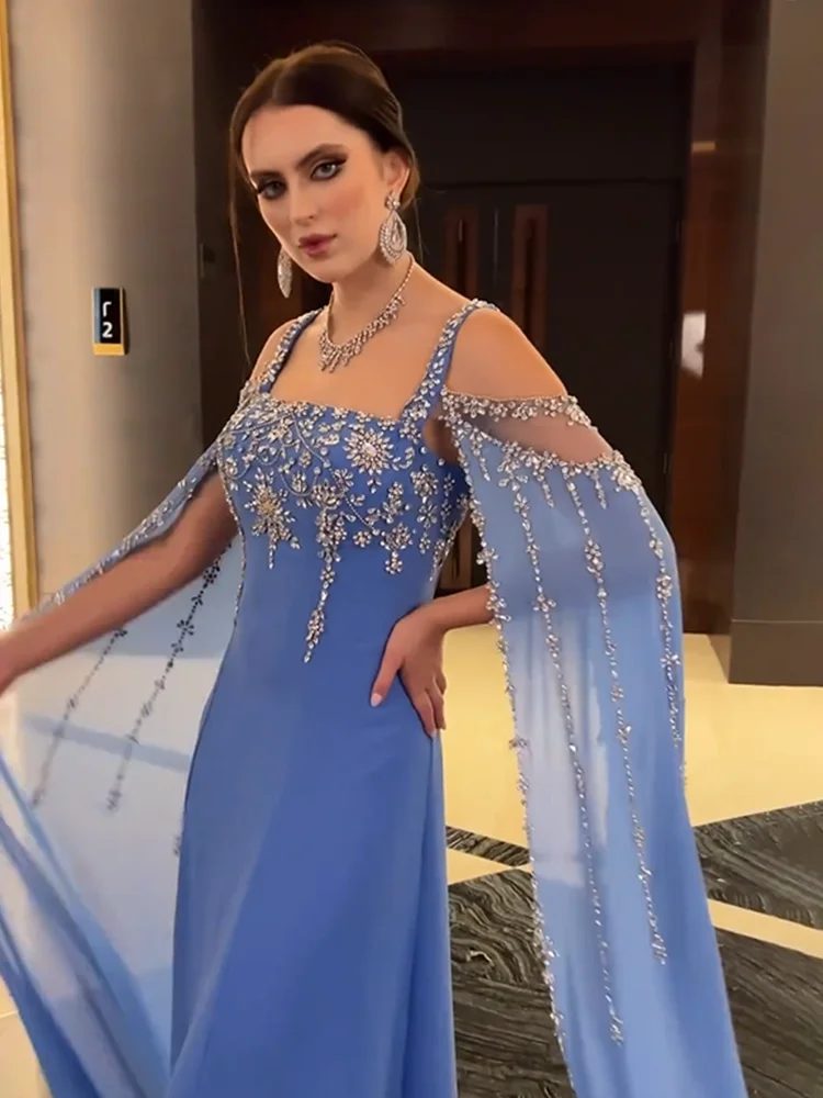 

Aenyrst Elegant Blue Chiffon Prom Dress Women's Off Shoulder Beaded Party Evening Gown Floor Length Special Occasion Gowns 2024
