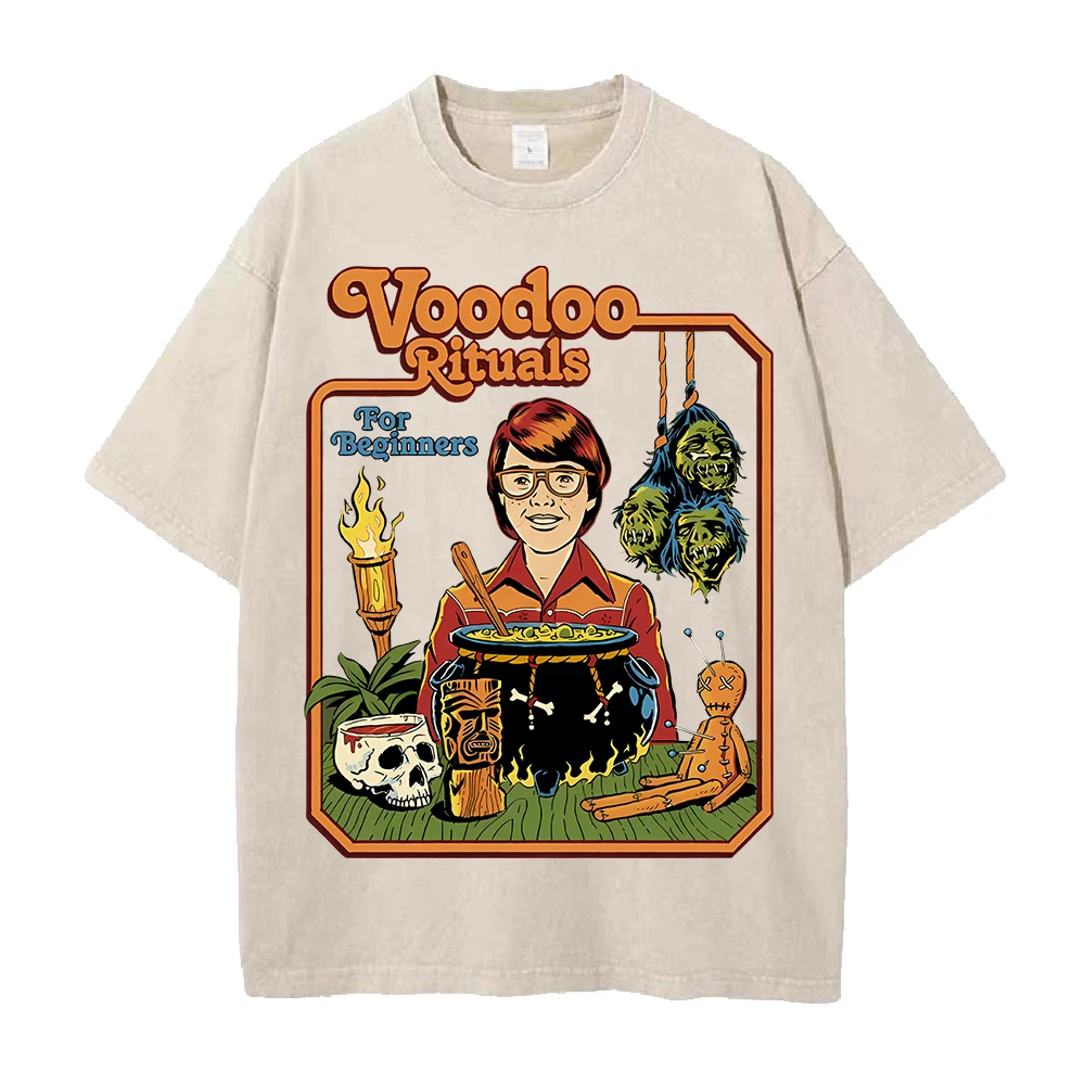 Camiseta con estampado de dibujos animados de Voodoo Rituals, camiseta Vintage lavada, ropa para hombre, camisetas informales de algodón de manga corta para verano, ropa