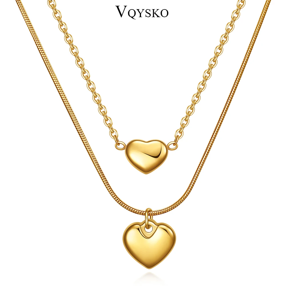 VQYSKO Personalized Initials Double Layered Heart Necklace Twin Heart Two Chain For Mom Wedding Gift