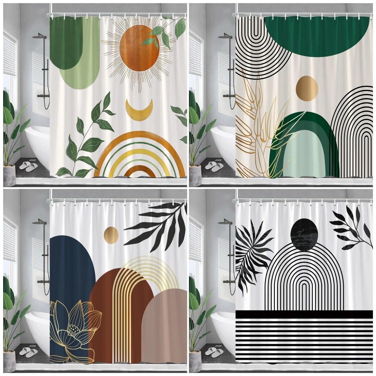 Abstract Mid Century Shower Curtain Black Lines Leaf Modern Geometric Art Bath Curtains Set Polyester Fabric Home Bathroom Decor