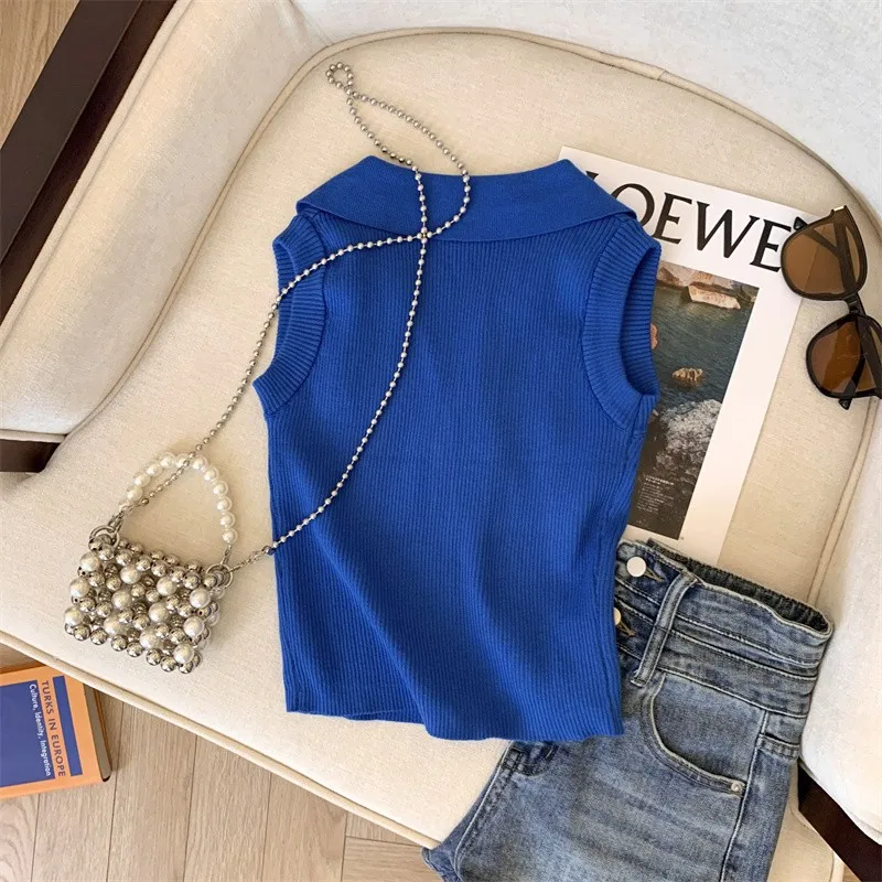 Summer Women\'s Sweater Vests Sleeveless V-neck Slim Knit Crop Y2k Tops Tees Solid Sexy Fashion Chic Ladies Knitwear Jumpers 2024