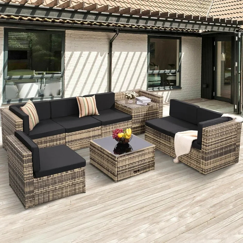 

8 Pieces Outdoor Wicker Rattan Patio Furniture Sectional Set, Glass Top Table with Hidden Storage, 7 Sofa Sections, Cushions