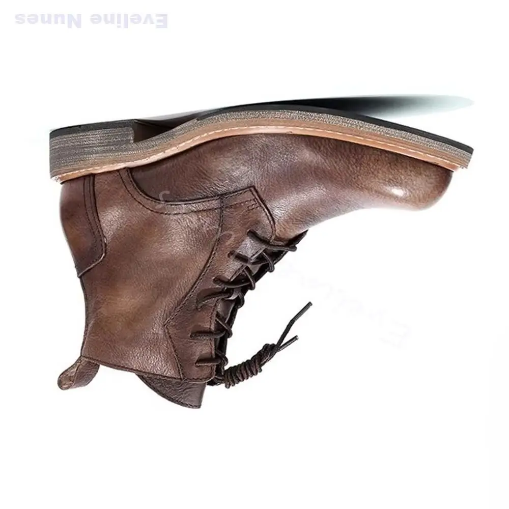 Men Retro Distressed Brown Leather Combat Ankle Boots Lace Up Round Toe Block Heel Stacked Sole Retro Handmade Western Work Boot