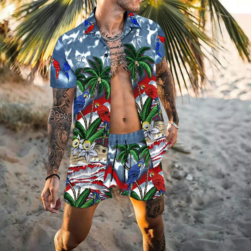 Conjunto de cárdigan Hawaiano para hombre, camisa de manga corta con botones y estampado 3D, pantalones cortos de playa, traje de dos piezas diario