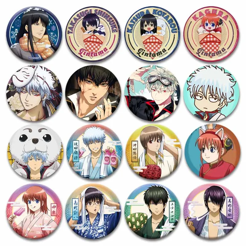 

Classic Anime Gintama Characters Badge Gintoki Sakata Kagura Shinpachi Shimura Cartoon Cosplay Brooch Pins Backpack Accessories