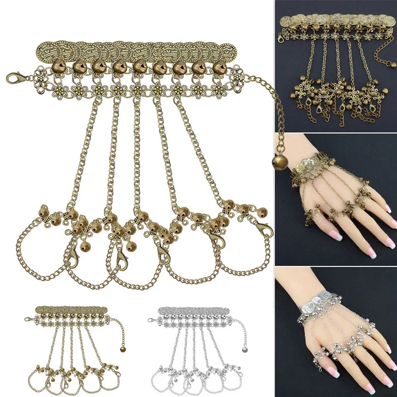 Women\'s Bohemian Bracelet Vintage Coins Bell Ring Bracelet Jewelry Belly Dance Hand Back Chain Bracelet Hand Decoration