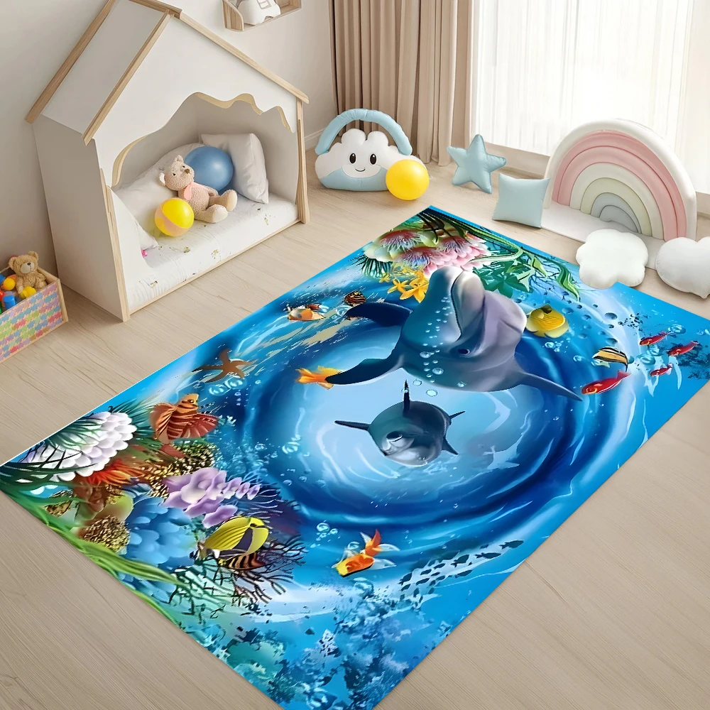 Underwater Fish School Printed Carpet Whale Dolphin Print Entrance Doormat Living Room Carpet Bedroom Non Slip Soft Floor Mat