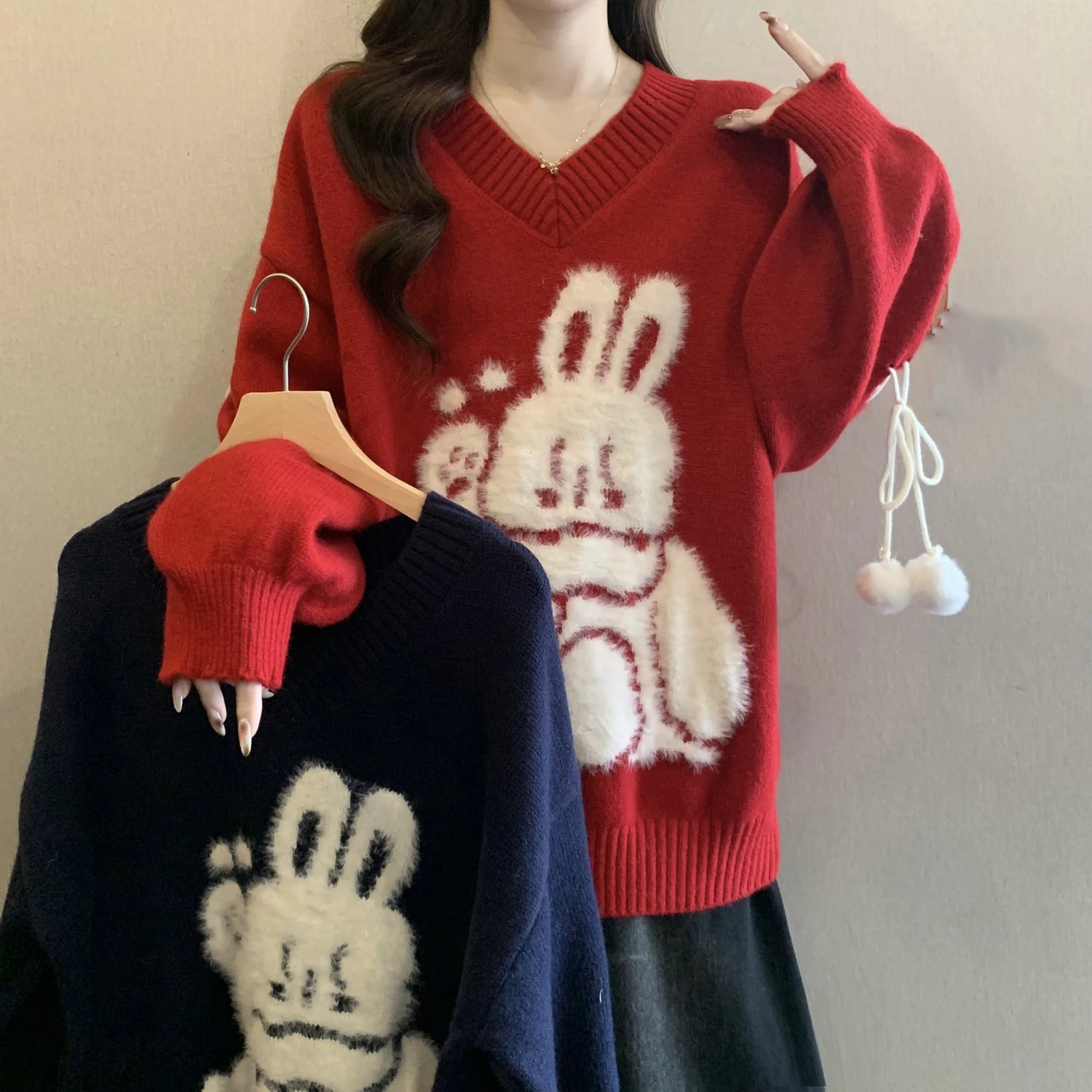 

Women's V-neck Long Sleeved Cute Cartoon Rabbit Printed Knitted Sweater Soft Warm Fashionable Pullover For Autumn Winter New