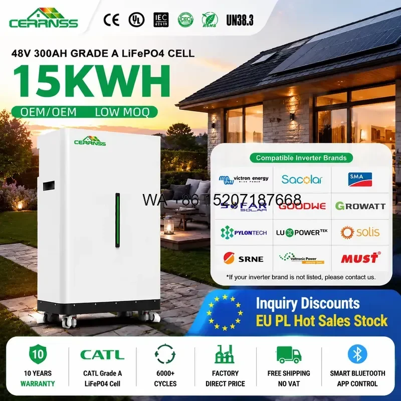 Wmwmnu for CERRNSS 48V 300Ah 200Ah 100Ah Solar Lithium LiFePO4 Battery Pack 10kwh 15kwh 30kwh Home Energy Storage System