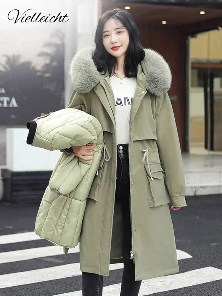 Vielleicht 2022 Winter Hooded Puffer Jacket Coat Women Parka Cotton Removable Liner Long Jacket Oversized Outwear Women Clothing