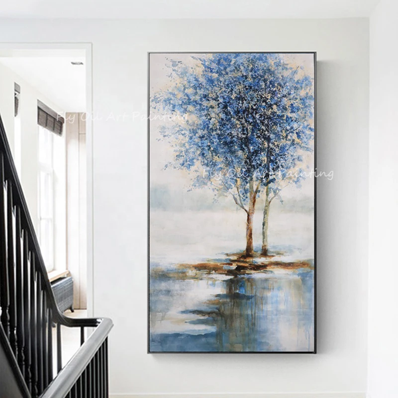 

100% Handmade large size 2022 new design blue tree with grey canvas modern picture artwork Oil Painting on Canvas Gift