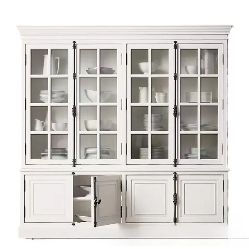

American retro old solid wood dining side cabinet, single door double four French storage glass door wine cabinet