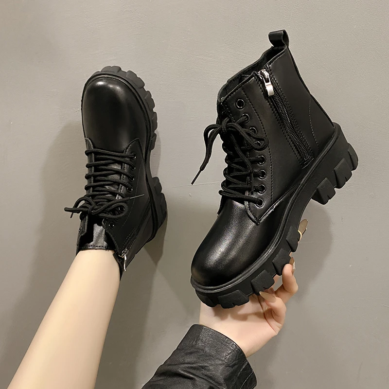 Korean Style Comfortable Mid-calf Side Zipper Women's Shoes 2024 Autumn and Winter New Fashion Thick-soled Lace-up Women's Boots