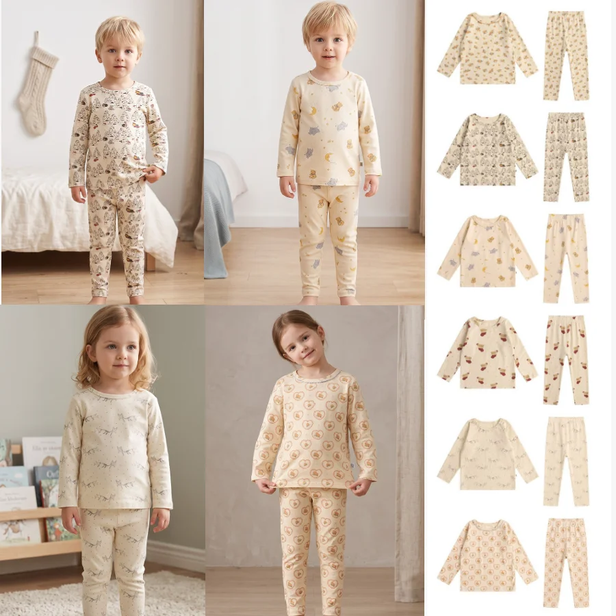 Kids Base Shirt Set 26 Fall Winter New Printed Fashion All Cotton Girls Long Sleeve Top Pants High Quality Warm Boys Loungewear