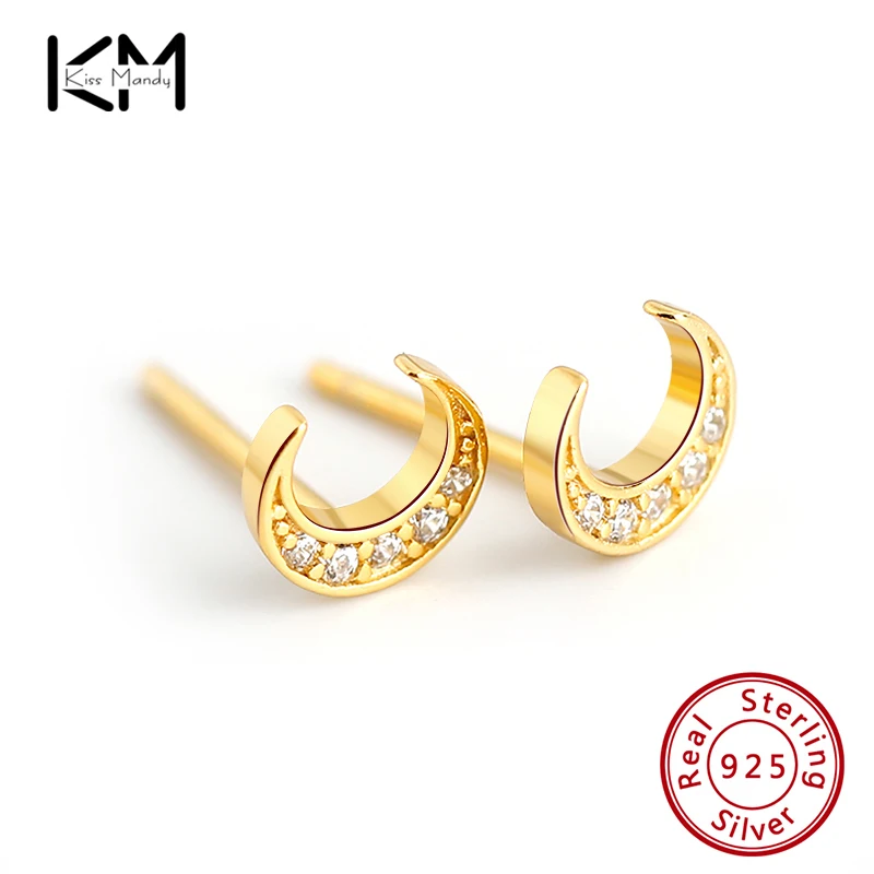 KISS MANDY 925 Sterling Silver Cute Moon Shape Stud Earrings with AAAA Zirconia for Women Korean Exquisite Silver Jewelry APE29