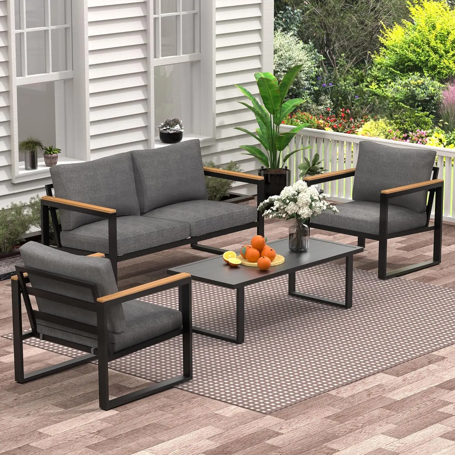 

Patio Furniture Set, 4 Pieces Outdoor Patio Furniture with Table Set, Metal Patio Conversation Sets with Removeble, Washable