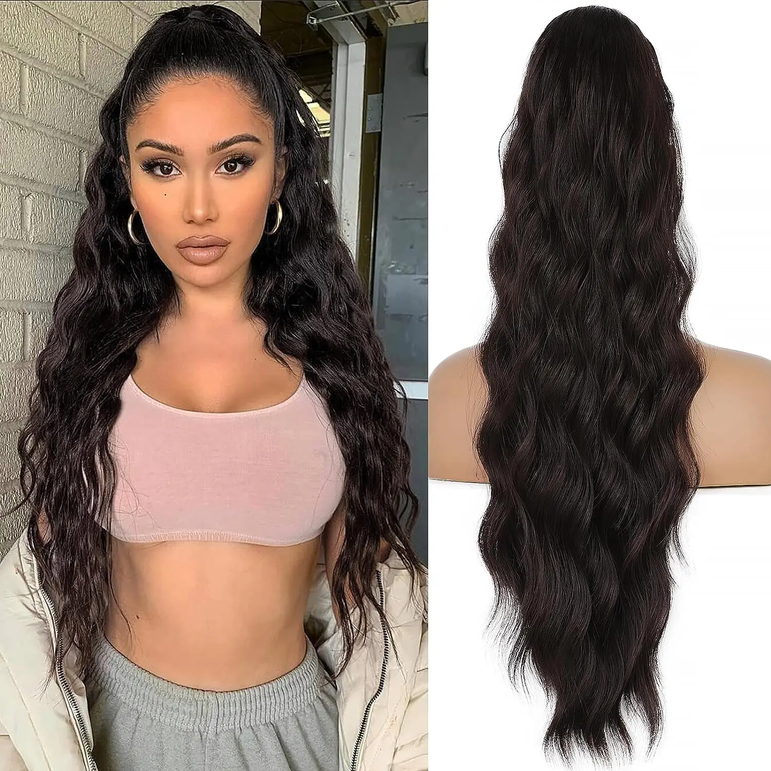 I\'s a wig Synthetic Ponytails Long Wavy Black Wigs with Women for Daily Party Use