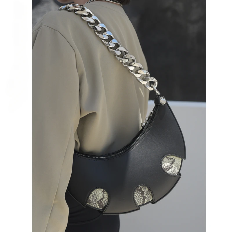 Special-Interest Design Crescent Saddle Bag Thick Chain Shoulder Crossbody Women's Bag First Layer Cowhide