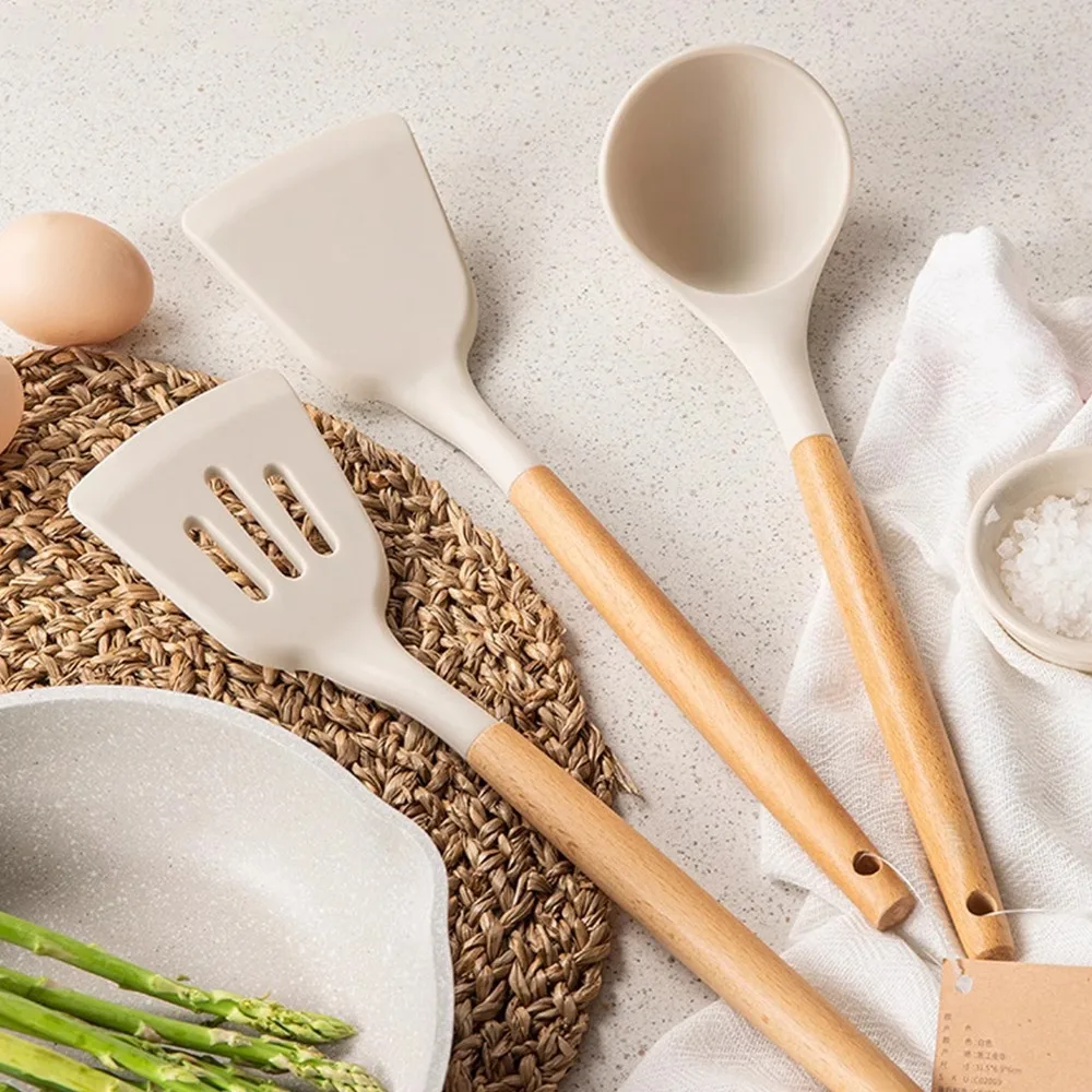 Silicone cooking spatula with natural wood handle heat resistant up to 450°F scratch free for nonstick cookware versatile kitche