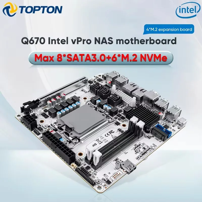 Материнская плата Topton Q670 NAS Max 8*SATA 6*M.2 NVMe 2*DDR5 Intel vPRO LGA1700 1*PCIE5.0x16 2*2.5G LAN Firewall Mini ITX Материнская плата