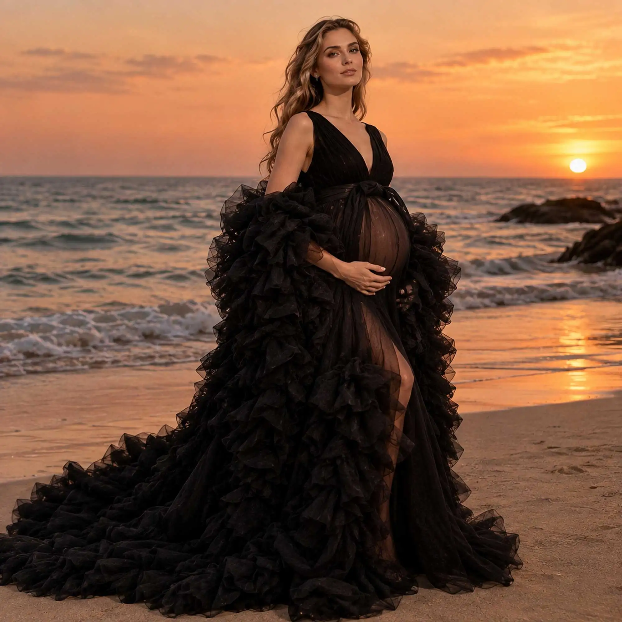 Don&Judy Deep V-Neck Maxi Dress with Removable Sleeves Side Slit Flexible Evening Gown for Baby Shower Maternity Photoshoot