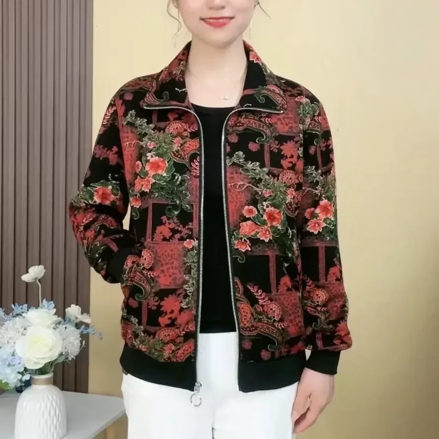 Spring Autumn Women Clothing Vintage Floral Jacket New Zipper Cardigan Versatile Casual Loose Big Size Long Sleeve Coats Z678