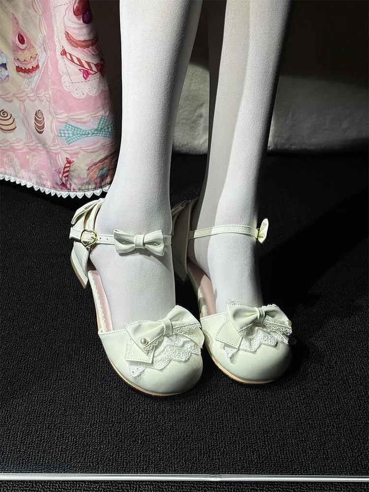 Sweet Lolita Girl Sandals Women Round Toe Low Block Heel Patent Leather Ankle Strap Shoes With Lace Bow Pearl Decor Kawaii Shoes