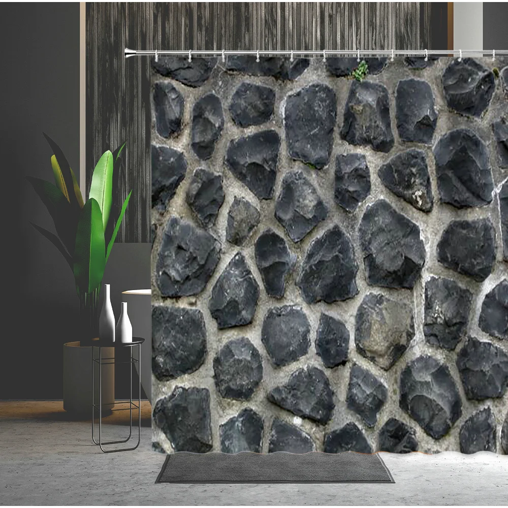 3D Printing Brick Pattern Shower Curtains Set Vintage Stone Brick Wall Polyester Fabric Hanging Curtain Bathroom Curtain HOOKS