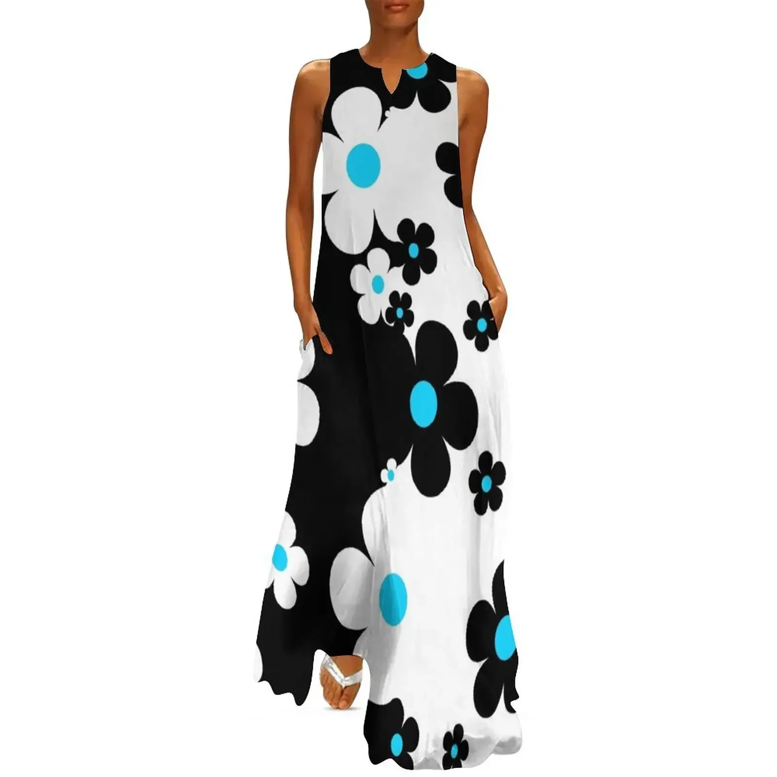 

60's Retro Pop Small Flowers in Black and White with Blue Centers Long Dress loose summer dress Dress