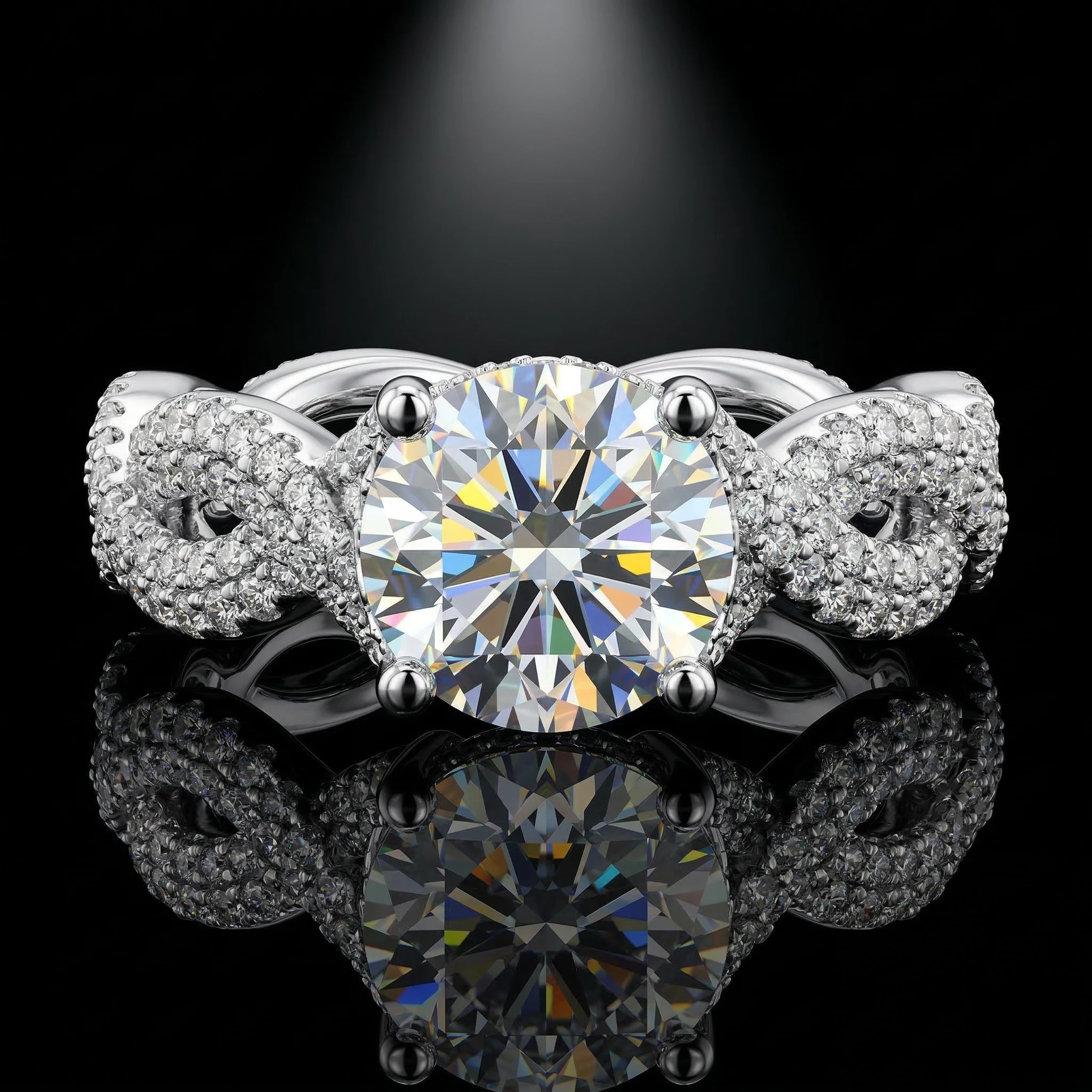 

Twisted Moissanite Ring, 925 Sterling Silver, D Color VVS1, 5 Carat, Full Pave, Hip Hop Street Style, Unisex, With Certificate