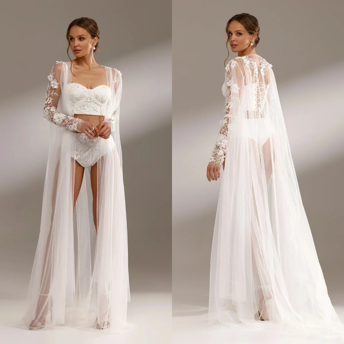 Sexy Lace Wedding Robe Long Sleeve Bathrobe Lingerie Gowns For Women Customized Bridal Pajamas Dress for Photoshoot