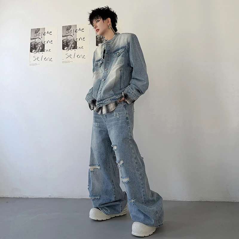 LUZHEN 2026 Autumn Vintage Washed Denim Two-piece Sets Men's Fashion Handsome Loose Wide Leg Jeans Male Shoulder Pad Coat JY8753