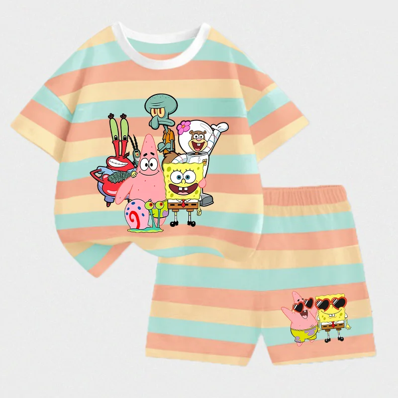 SpongeBobs SquarePants Kids T-shirt Shorts Set Baby Summer Tops+Pant 2pcs Anime Trend Sports Girl Clothes Casual Sportswear Gift view 2