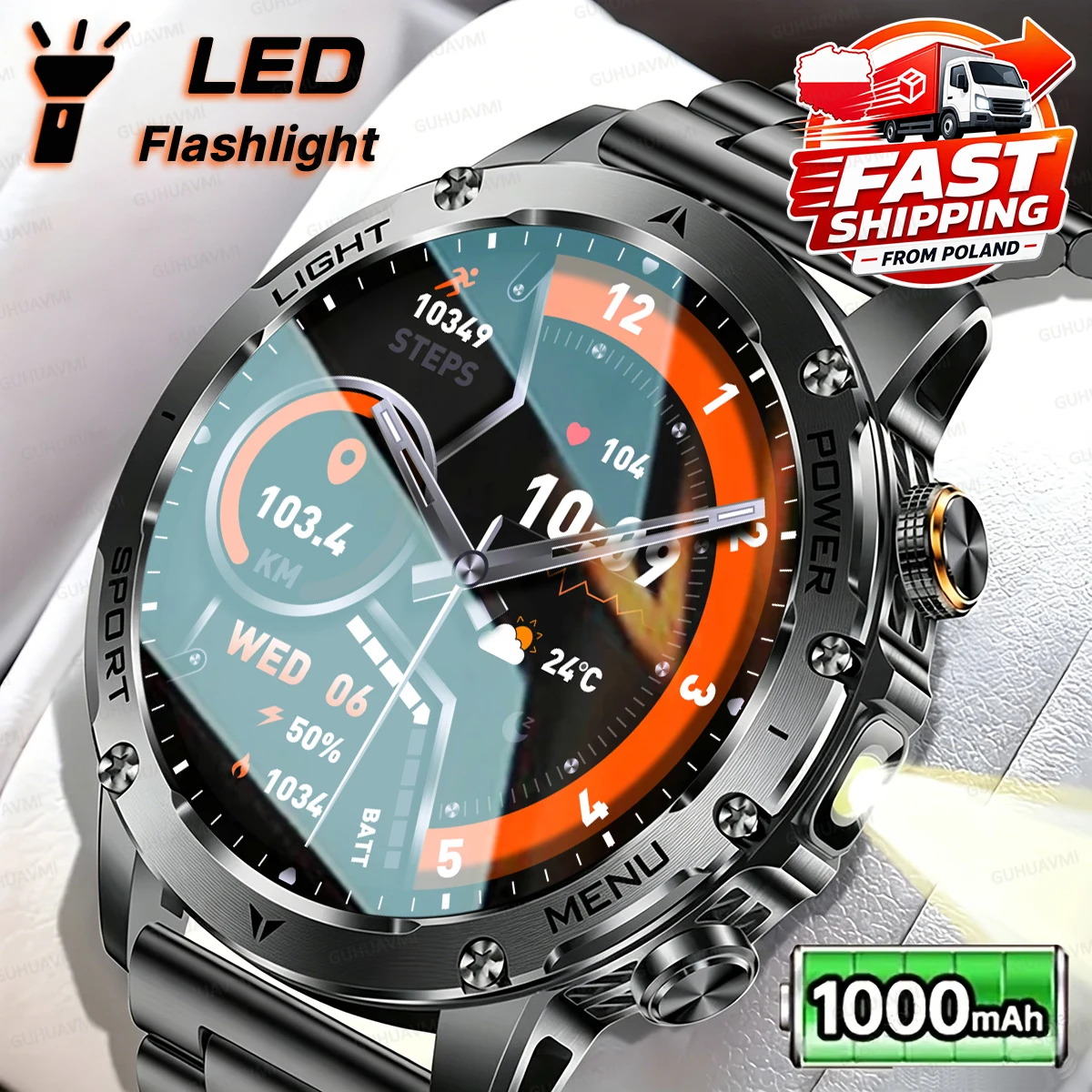 2026 Nouvelle 1000mAh grande batterie montre intelligente 1,7 pouces écran HD Bluetooth appel tactiques sauvages LED lampe de poche IP68 imperméable à l'eau en plein air nage, course, vélo, montre de remise en forme