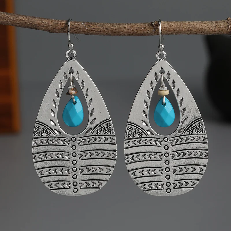 Retro Ethnic Turquoise Pendant Earrings Western Bohemian Pattern Teardrop Earrings for Women Jewelry Wholesale