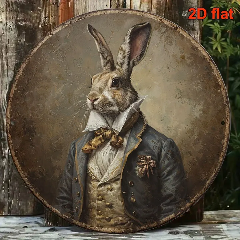 2D Flat - 1pc 8 X 8In/20 X 20Cm 2D Flat Round Sign, Vintage Plaque with Gentleman Rabbit Pattern, Cartoon Animal Decorative Sign